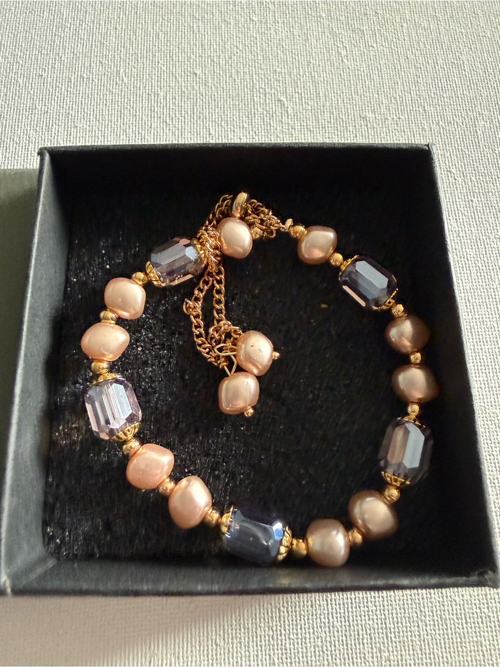 NEW Forever Love Gold-Tone Bracelet with Pink Pearl and Smoky Blue Purple Beads